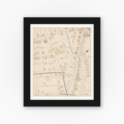 Old map wall art mockup — black gallery frame with white mat — Sanborn Fire Insurance Map from Roaring Spring, Blair County, Pennsylvania (1922), Sheet #0009