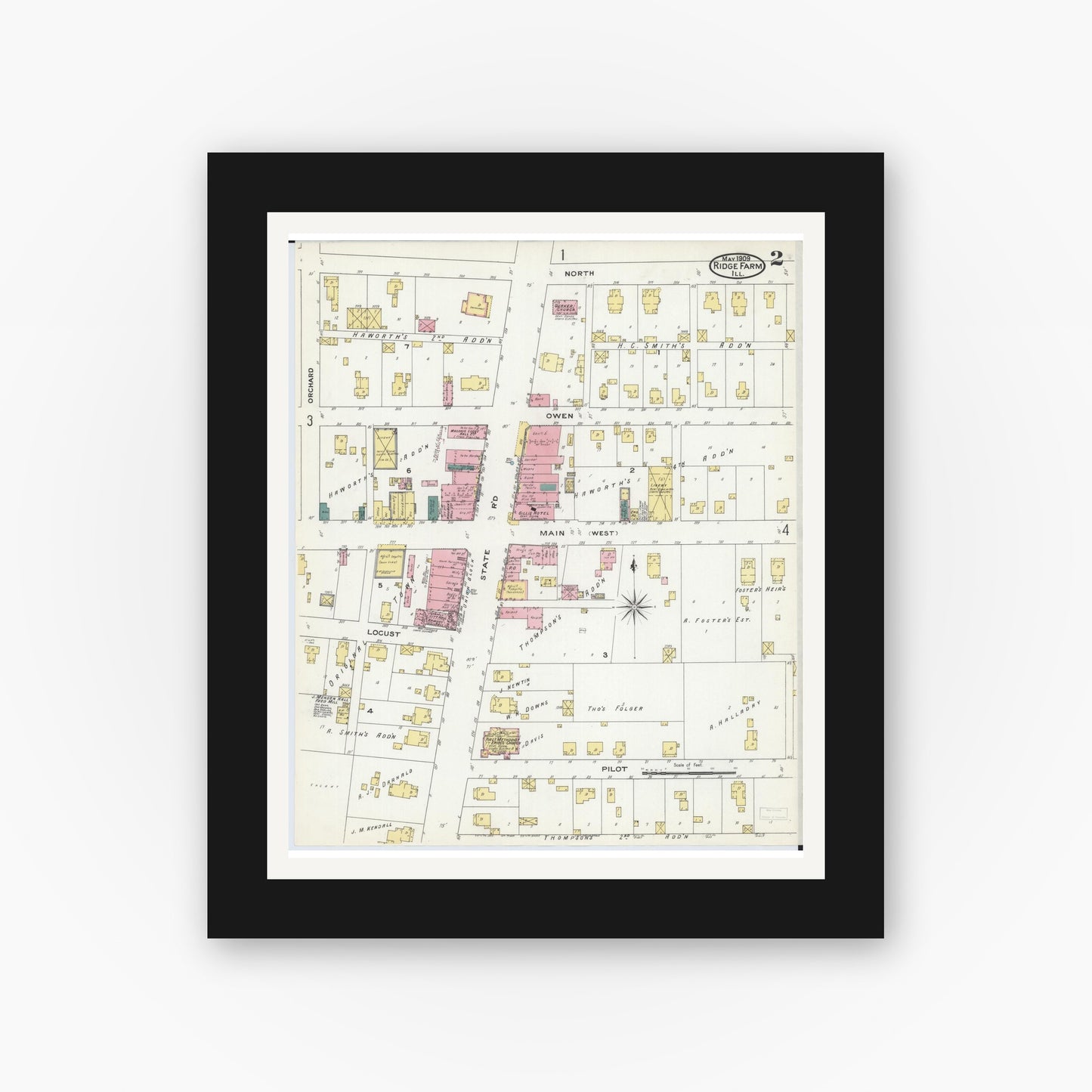 Old map wall art mockup — black gallery frame with white mat — Sanborn Fire Insurance Map from Ridge Farm, Vermilion County, Illinois (1909), Sheet #0002