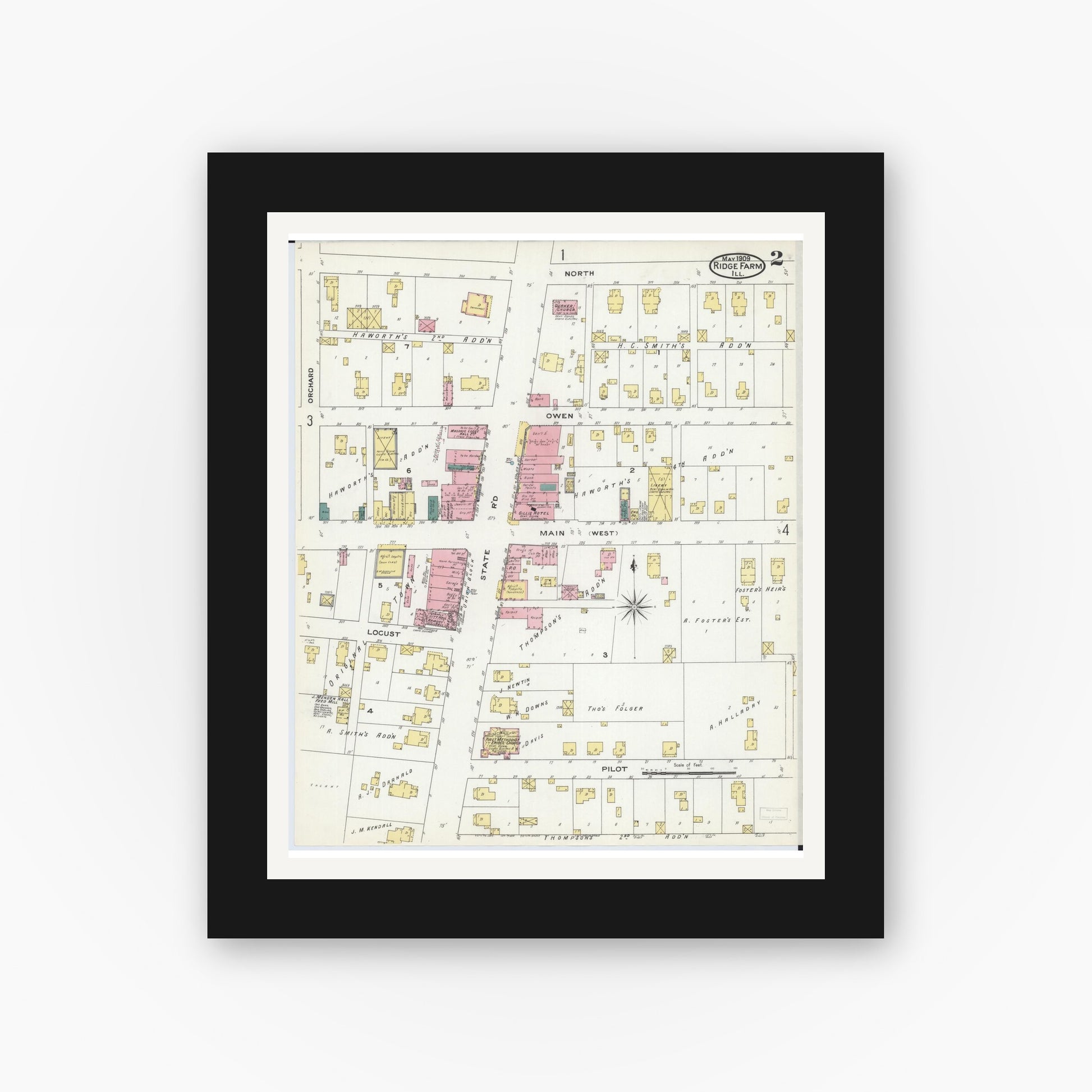 Old map wall art mockup — black gallery frame with white mat — Sanborn Fire Insurance Map from Ridge Farm, Vermilion County, Illinois (1909), Sheet #0002