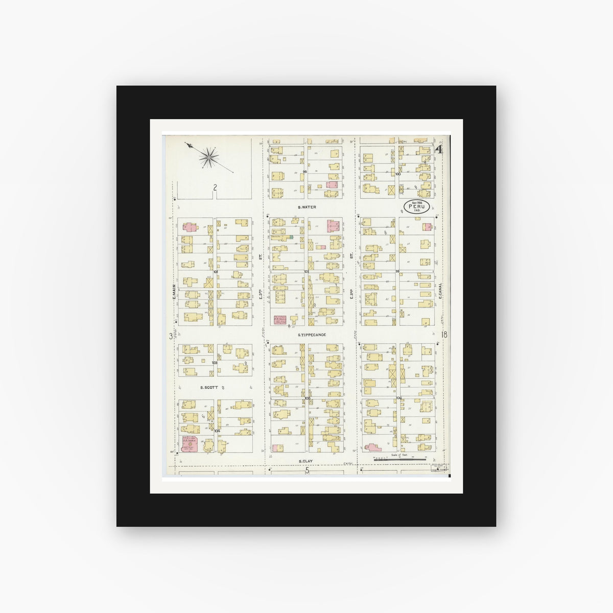 Old map wall art mockup — black gallery frame with white mat — Sanborn Fire Insurance Map from Peru, Miami County, Indiana (1906), Sheet #0004
