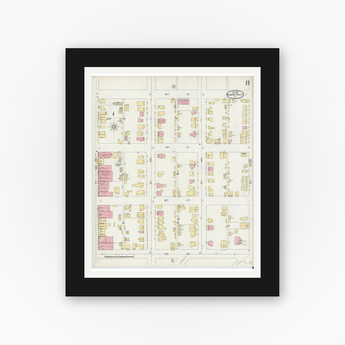 Old map wall art mockup — black gallery frame with white mat — Sanborn Fire Insurance Map from Beaver Falls, Beaver County, Pennsylvania (1896), Sheet #0008
