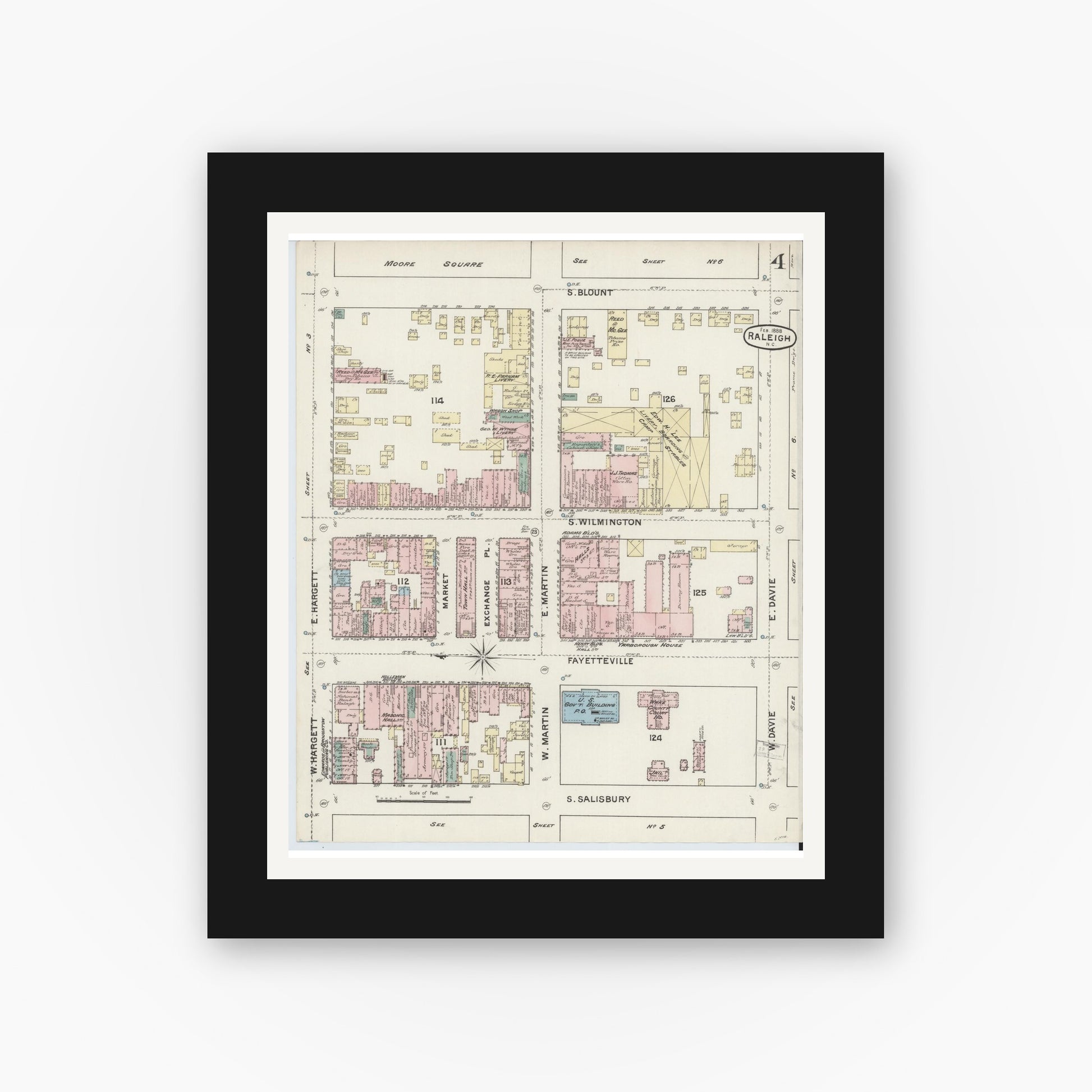 Old map wall art mockup — black gallery frame with white mat — Sanborn Fire Insurance Map from Raleigh, Wake County, North Carolina (1888), Sheet #0004