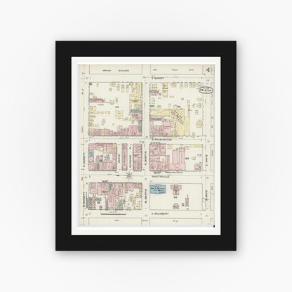 Old map wall art mockup — black gallery frame with white mat — Sanborn Fire Insurance Map from Raleigh, Wake County, North Carolina (1888), Sheet #0004
