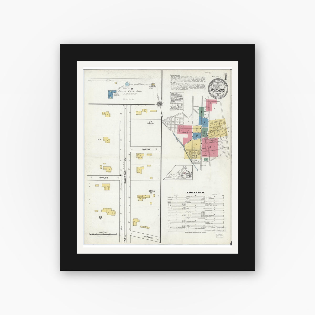 Old map wall art mockup — black gallery frame with white mat — Sanborn Fire Insurance Map from Ashland, Hanover County, Virginia (1921) - Complete Map Set
