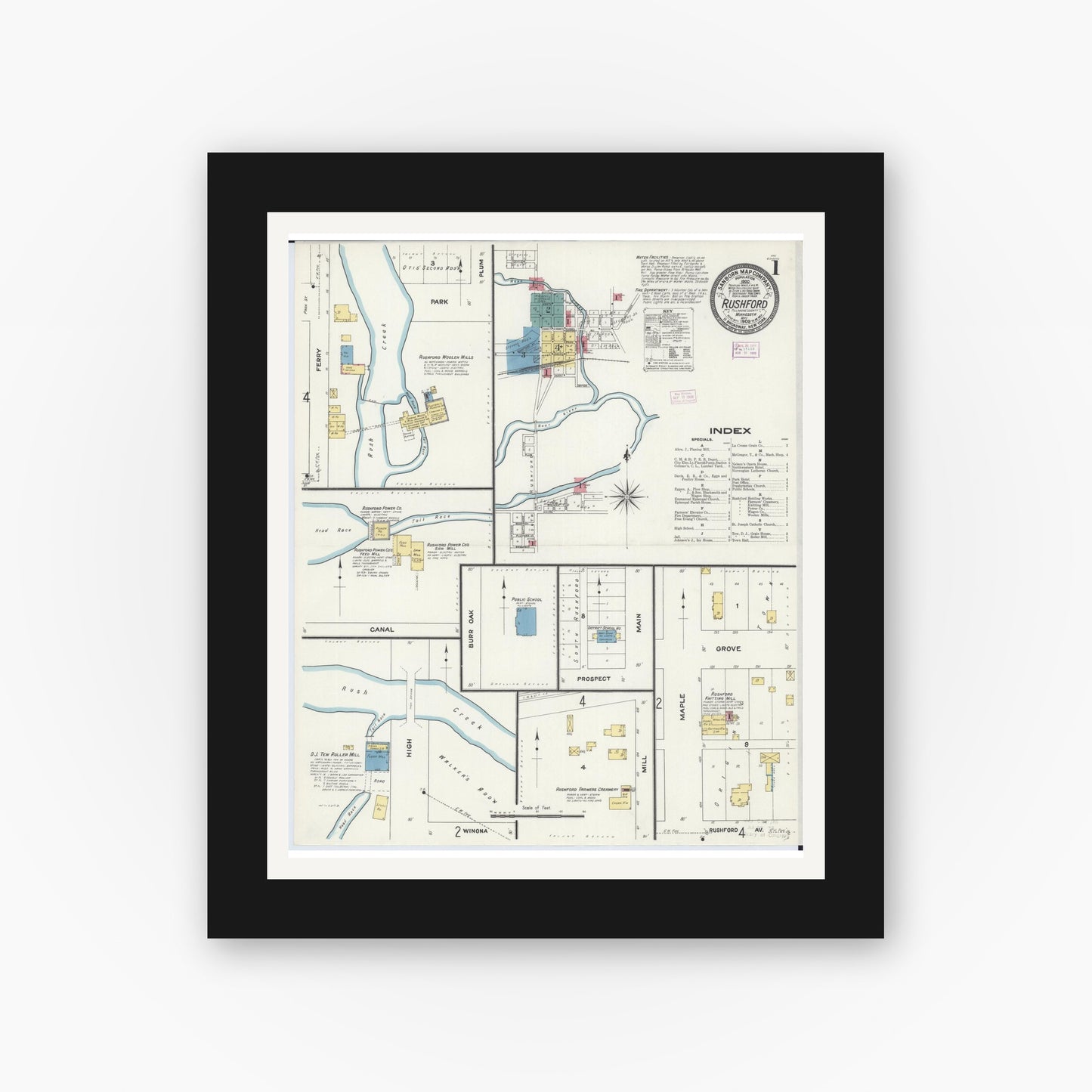 Old map wall art mockup — black gallery frame with white mat — Sanborn Fire Insurance Map from Rushford, Fillmore County, Minnesota (1909) - Complete Map Set