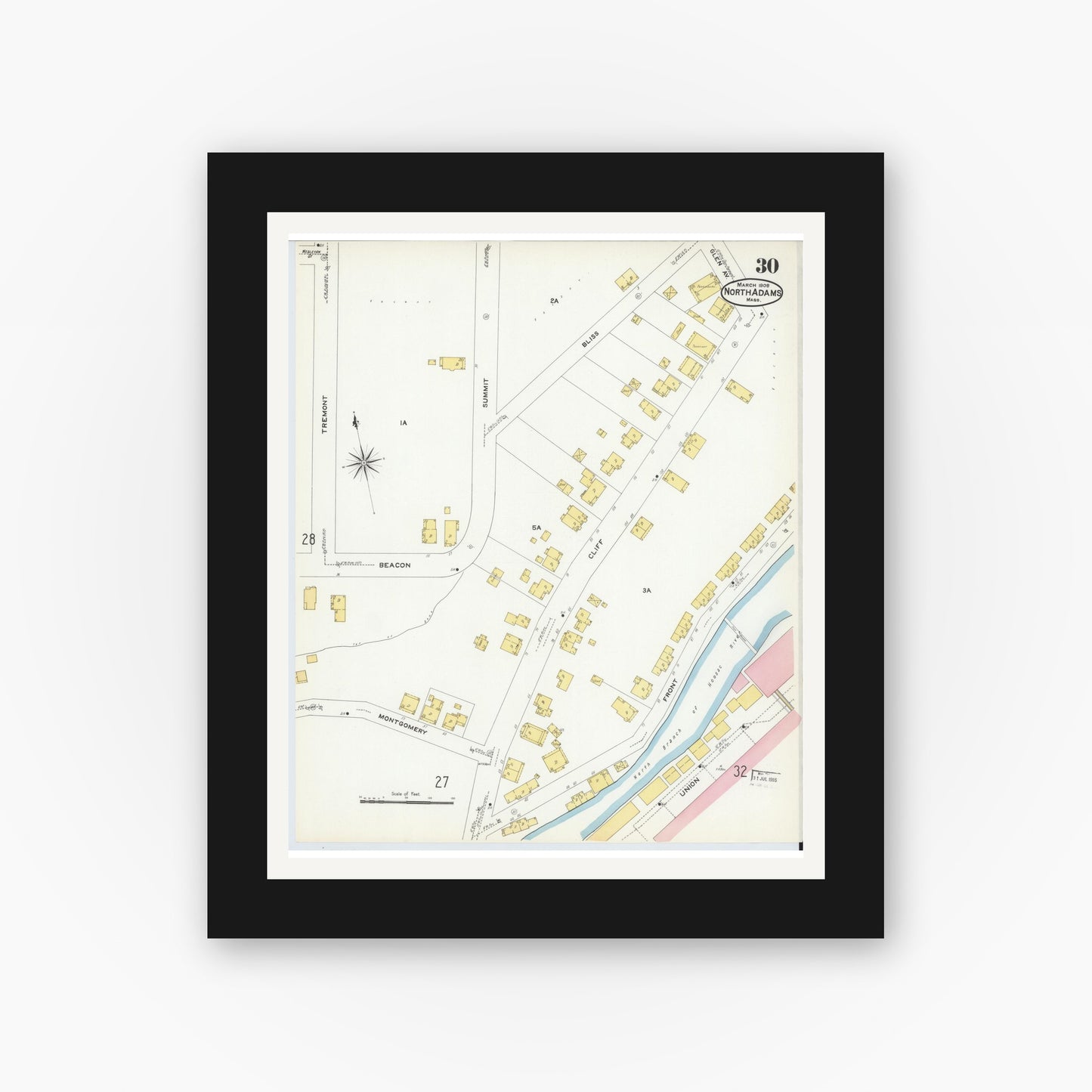 Old map wall art mockup — black gallery frame with white mat — Sanborn Fire Insurance Map from North Adams, Berkshire County, Massachusetts (1908), Sheet #0030