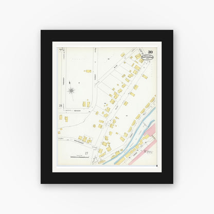 Old map wall art mockup — black gallery frame with white mat — Sanborn Fire Insurance Map from North Adams, Berkshire County, Massachusetts (1908), Sheet #0030
