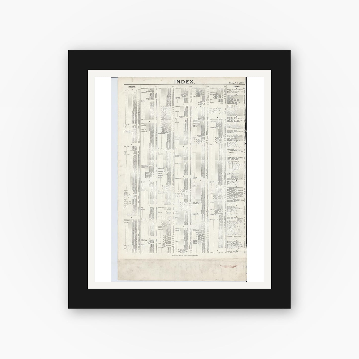 Old map wall art mockup — black gallery frame with white mat — Sanborn Fire Insurance Map from Chicago, Cook County, Illinois (1894), Sheet #0001