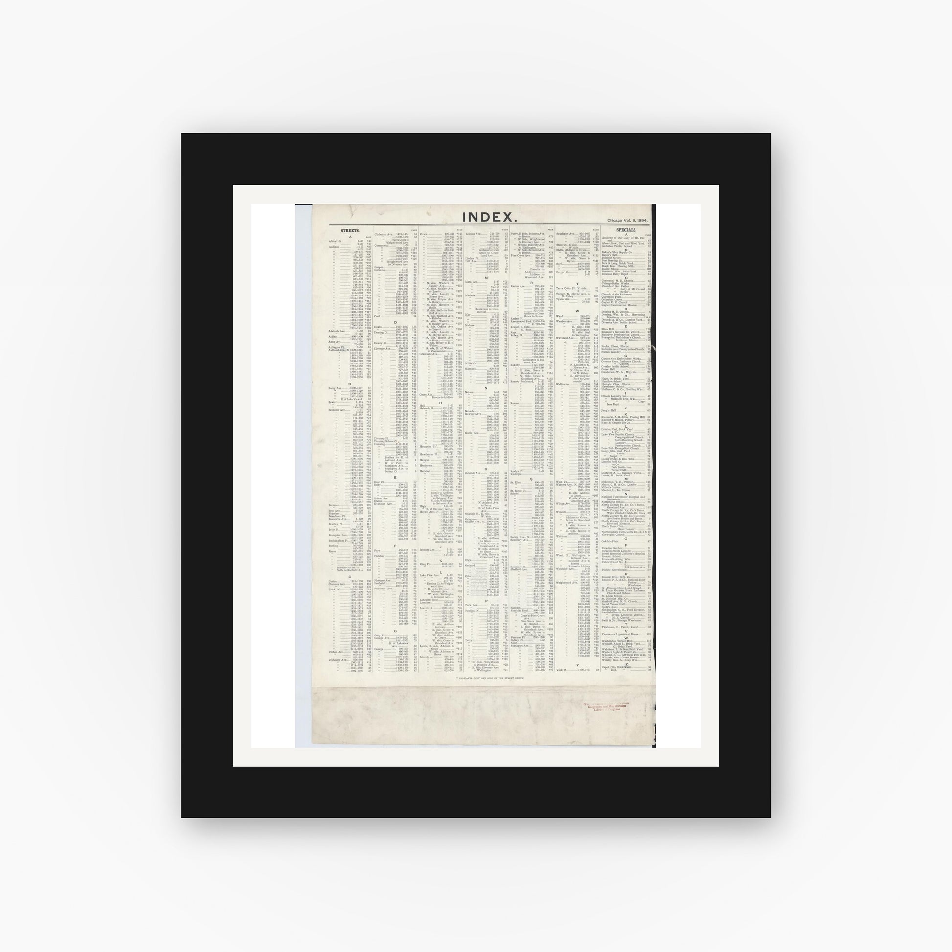 Old map wall art mockup — black gallery frame with white mat — Sanborn Fire Insurance Map from Chicago, Cook County, Illinois (1894), Sheet #0001