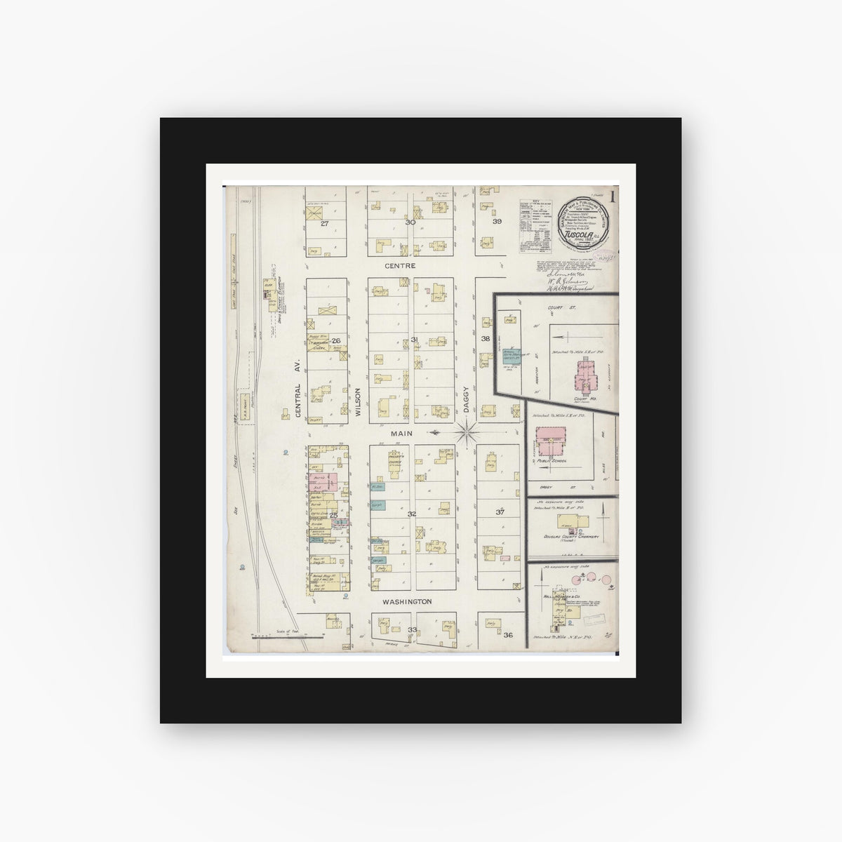 Old map wall art mockup — black gallery frame with white mat — Sanborn Fire Insurance Map from Tuscola, Douglas County, Illinois (1887), Sheet #0001