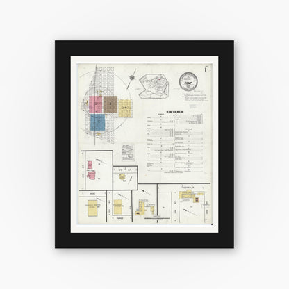 Old map wall art mockup — black gallery frame with white mat — Sanborn Fire Insurance Map from Kemp, Kaufman County, Texas (1921), Sheet #0001