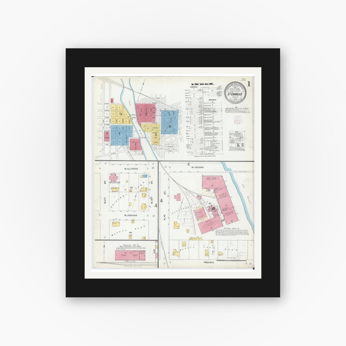 Old map wall art mockup — black gallery frame with white mat — Sanborn Fire Insurance Map from Saint Charles, Kane County, Illinois (1905), Sheet #0001