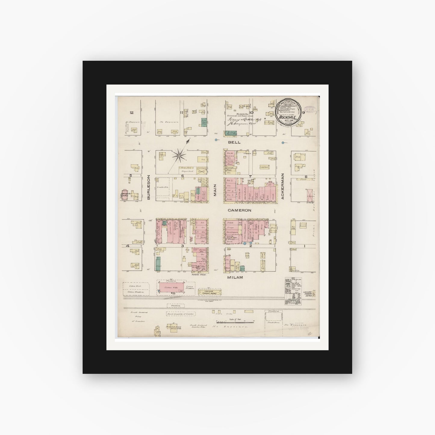 Old map wall art mockup — black gallery frame with white mat — Sanborn Fire Insurance Map from Rockdale, Milam County, Texas (1885), Sheet #0001