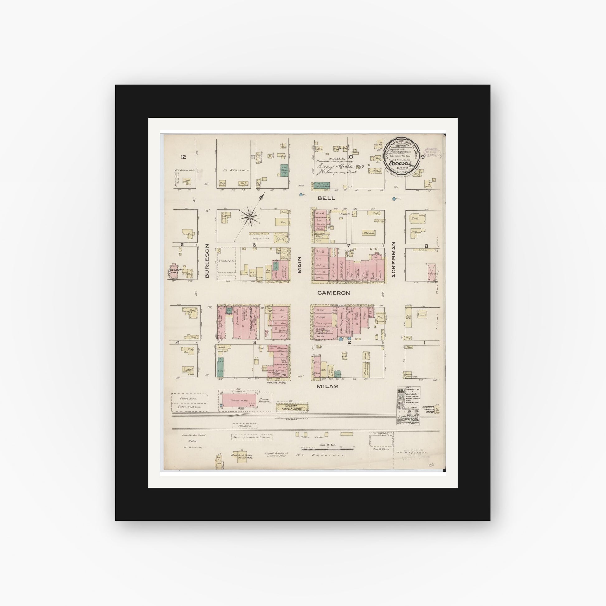 Old map wall art mockup — black gallery frame with white mat — Sanborn Fire Insurance Map from Rockdale, Milam County, Texas (1885), Sheet #0001