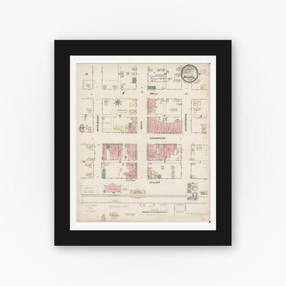 Old map wall art mockup — black gallery frame with white mat — Sanborn Fire Insurance Map from Rockdale, Milam County, Texas (1885), Sheet #0001