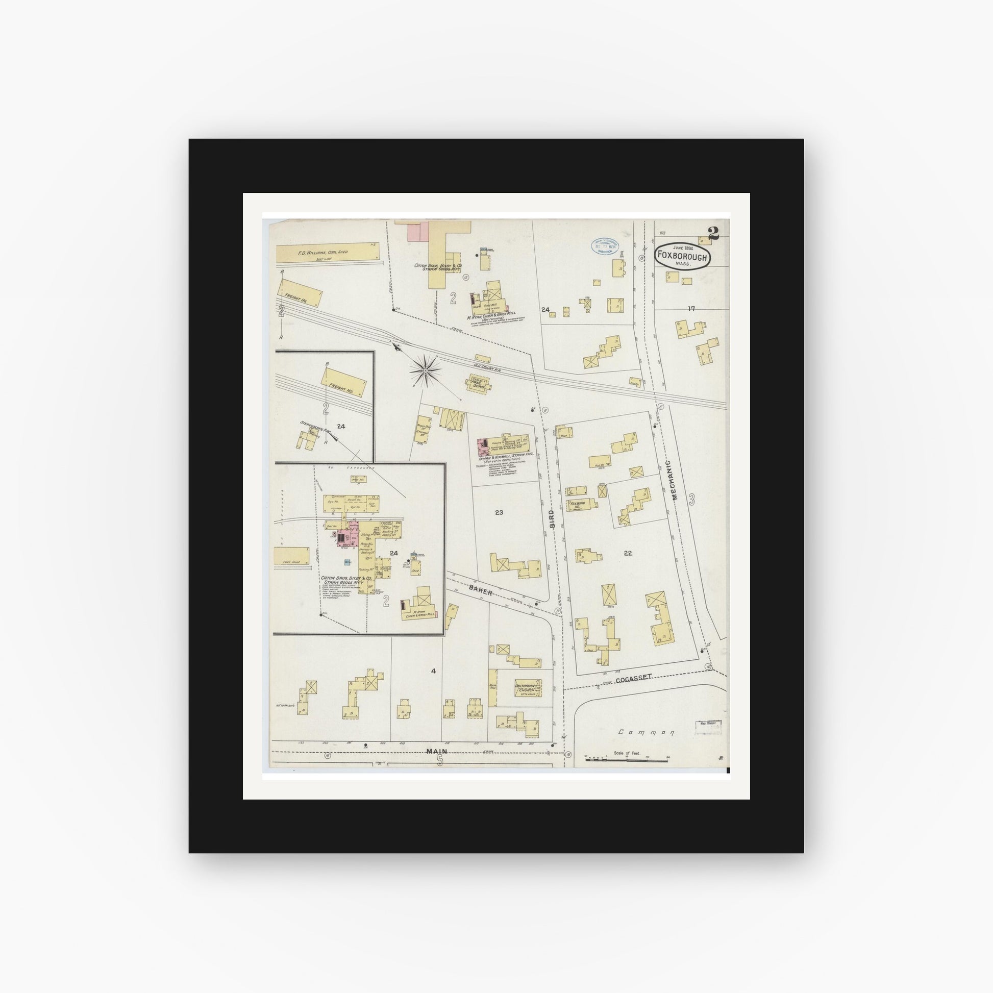 Old map wall art mockup — black gallery frame with white mat — Sanborn Fire Insurance Map from Foxboro, Norfolk County, Massachusetts (1894), Sheet #0002