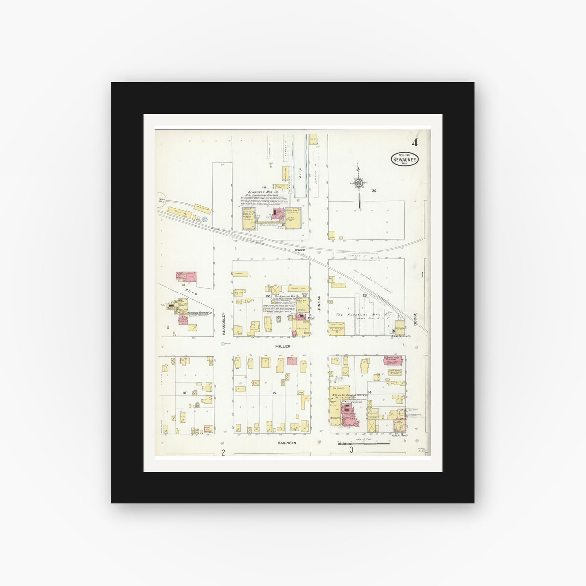 Old map wall art mockup — black gallery frame with white mat — Sanborn Fire Insurance Map from Kewaunee, Kewaunee County, Wisconsin (1911), Sheet #0004