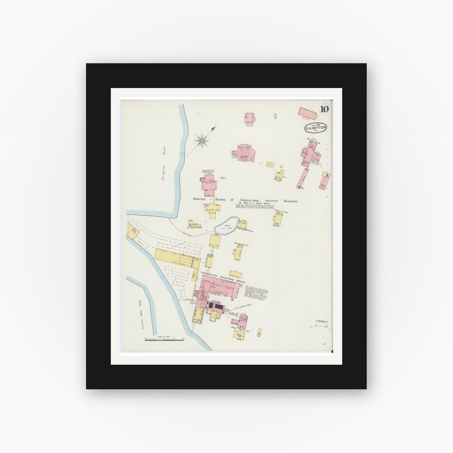 Old map wall art mockup — black gallery frame with white mat — Sanborn Fire Insurance Map from Hampton, Independent Cities, Virginia (1895), Sheet #0010
