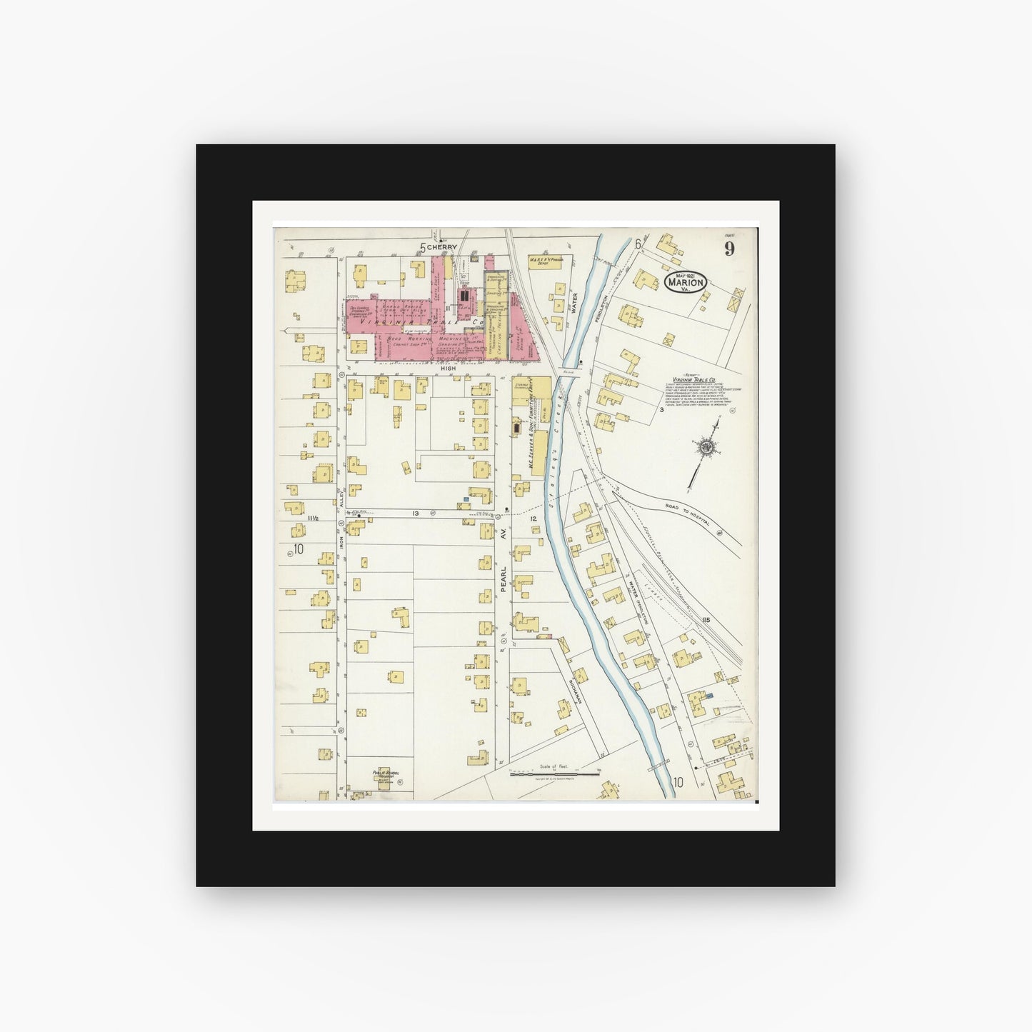 Old map wall art mockup — black gallery frame with white mat — Sanborn Fire Insurance Map from Marion, Smyth County, Virginia (1921), Sheet #0009