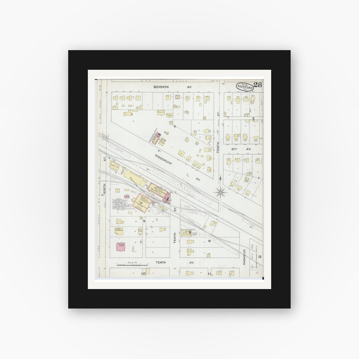 Old map wall art mockup — black gallery frame with white mat — Sanborn Fire Insurance Map from Rockford, Winnebago County, Illinois (1891), Sheet #0028