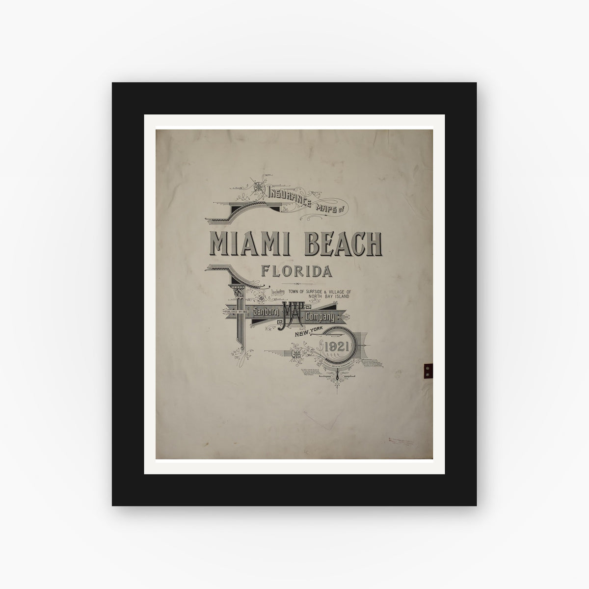 Old map wall art mockup — black gallery frame with white mat — Sanborn Fire Insurance Map from Miami Beach, Dade County, Florida (1951), Sheet #0001
