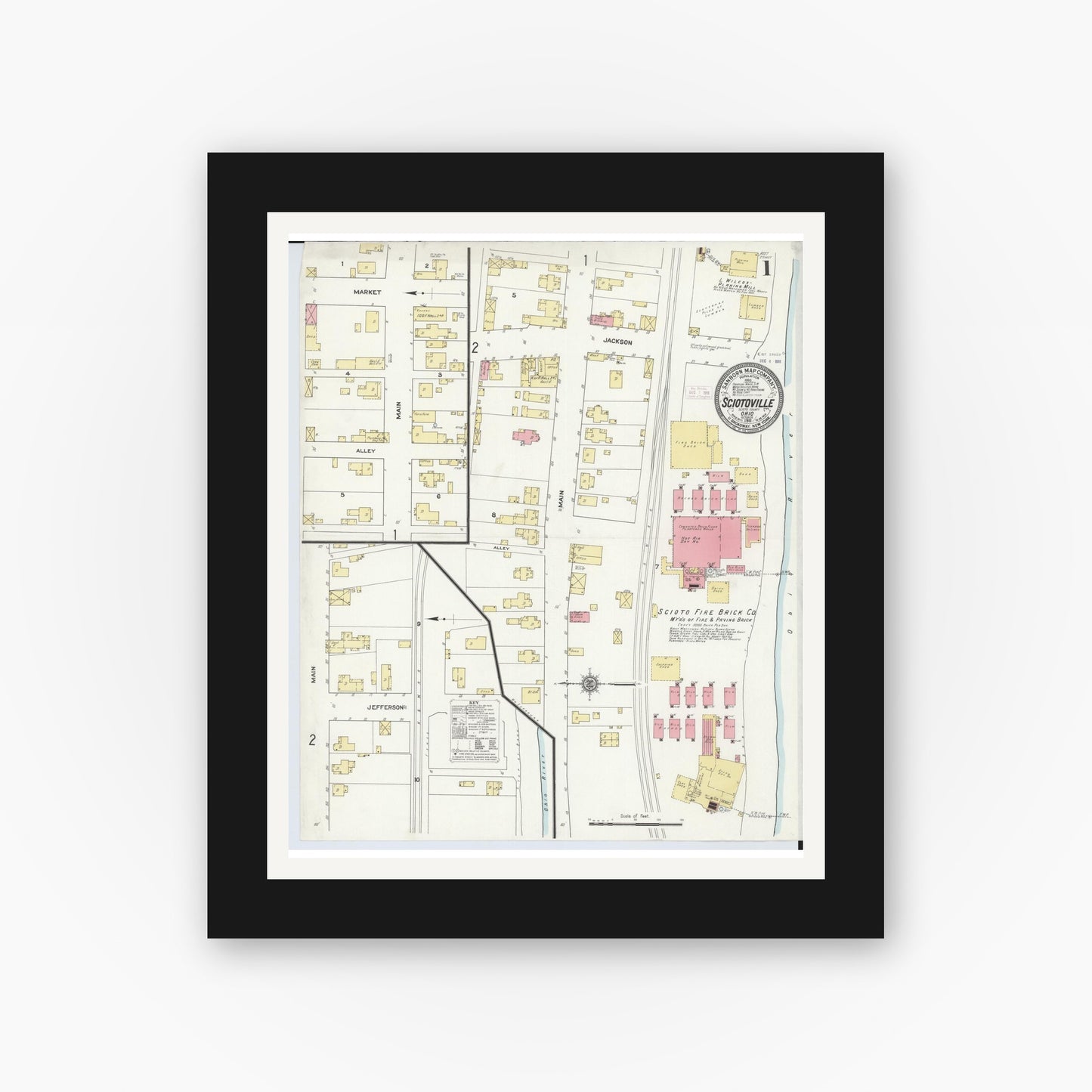 Old map wall art mockup — black gallery frame with white mat — Sanborn Fire Insurance Map from Sciotoville, Scioto County, Ohio (1911), Sheet #0001