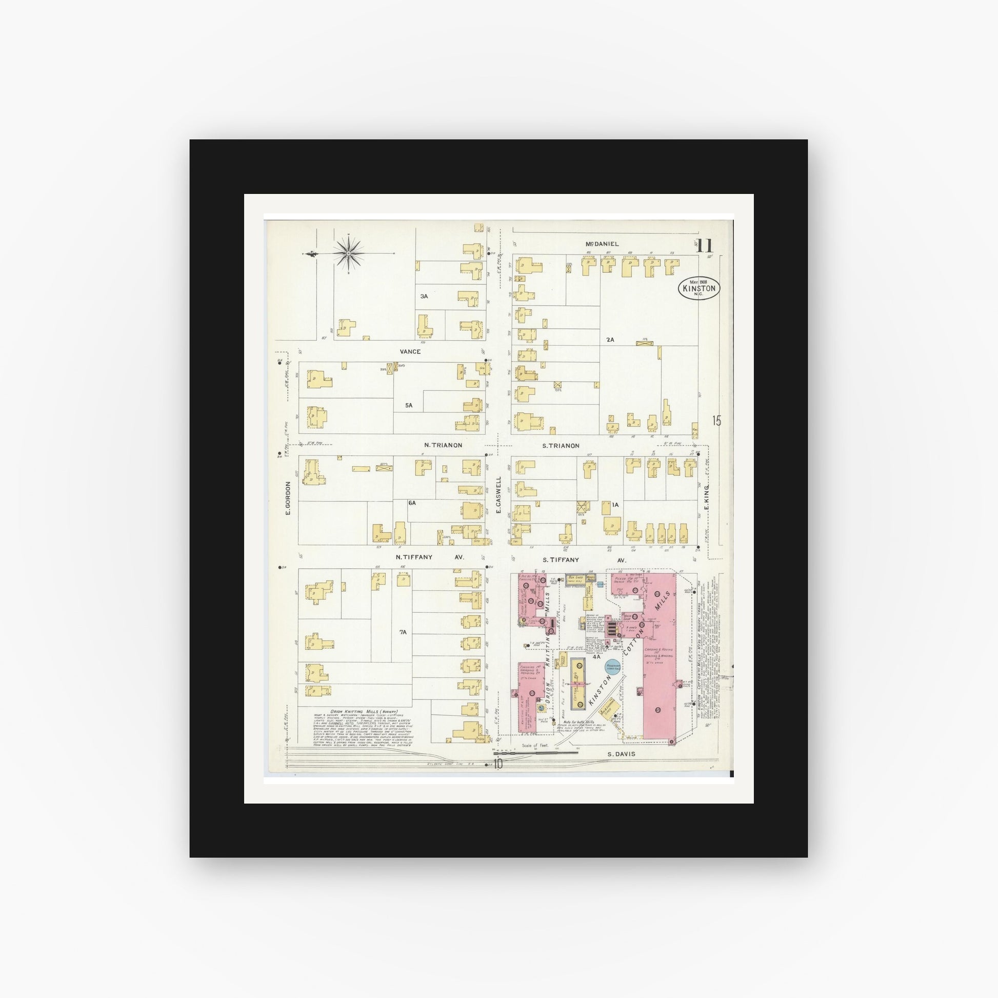 Old map wall art mockup — black gallery frame with white mat — Sanborn Fire Insurance Map from Kinston, Lenoir County, North Carolina (1908), Sheet #0011