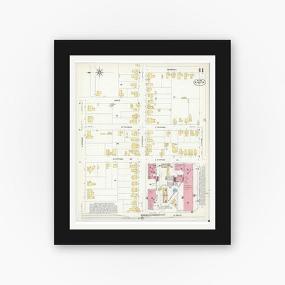 Old map wall art mockup — black gallery frame with white mat — Sanborn Fire Insurance Map from Kinston, Lenoir County, North Carolina (1908), Sheet #0011