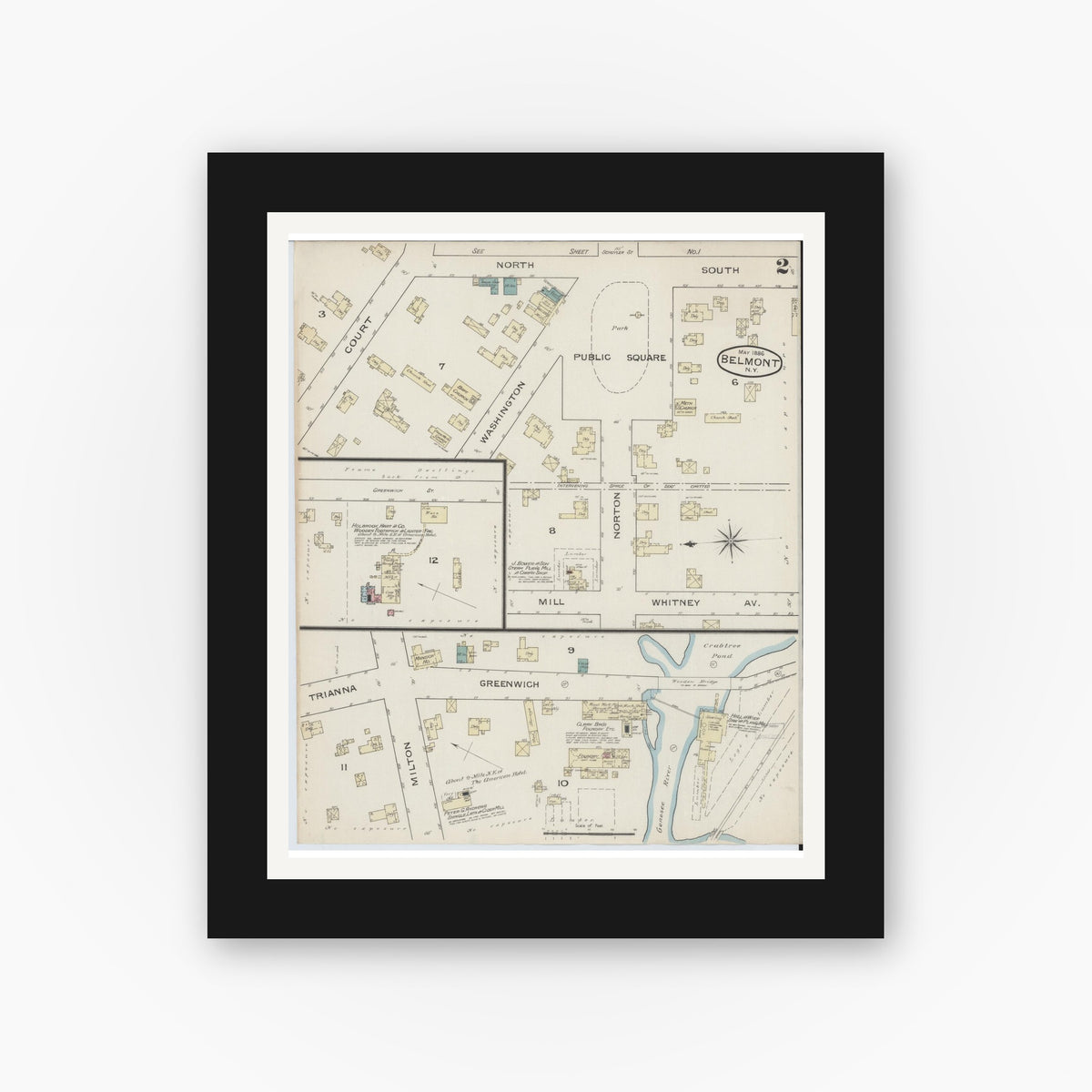 Old map wall art mockup — black gallery frame with white mat — Sanborn Fire Insurance Map from Belmont, Allegany County, New York (1886), Sheet #0002