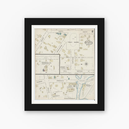 Old map wall art mockup — black gallery frame with white mat — Sanborn Fire Insurance Map from Belmont, Allegany County, New York (1886), Sheet #0002