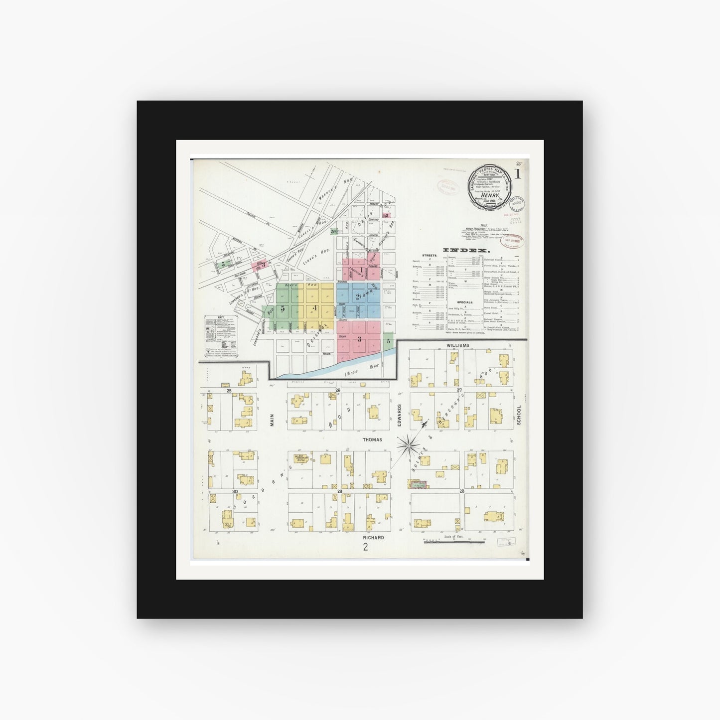 Old map wall art mockup — black gallery frame with white mat — Sanborn Fire Insurance Map from Henry, Marshall County, Illinois (1899) - Complete Map Set