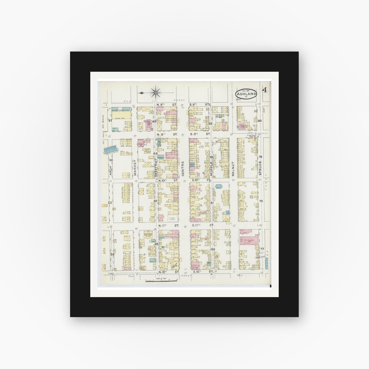 Old map wall art mockup — black gallery frame with white mat — Sanborn Fire Insurance Map from Ashland, Schuylkill County, Pennsylvania (1891), Sheet #0004