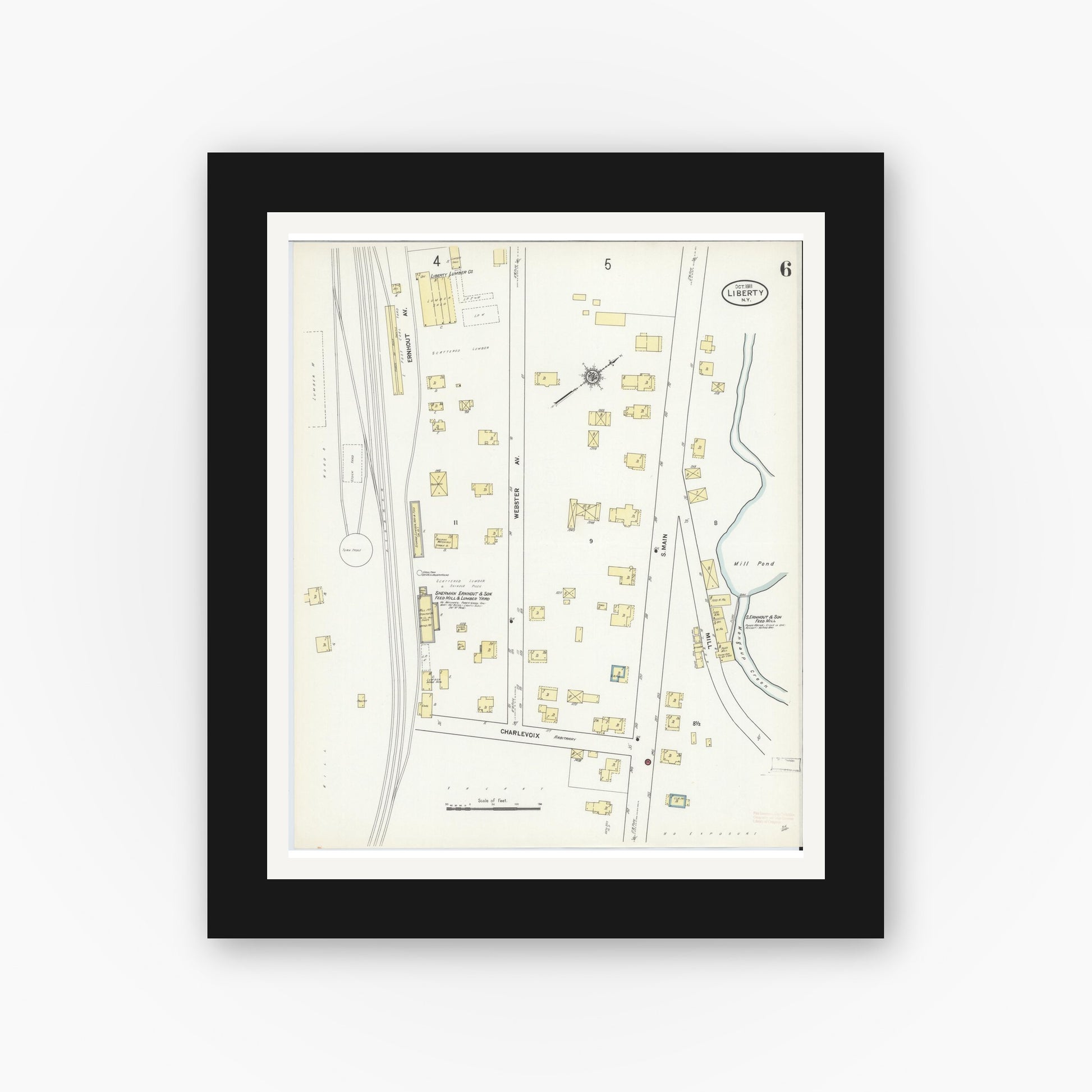 Old map wall art mockup — black gallery frame with white mat — Sanborn Fire Insurance Map from Liberty, Sullivan County, New York (1911), Sheet #0006