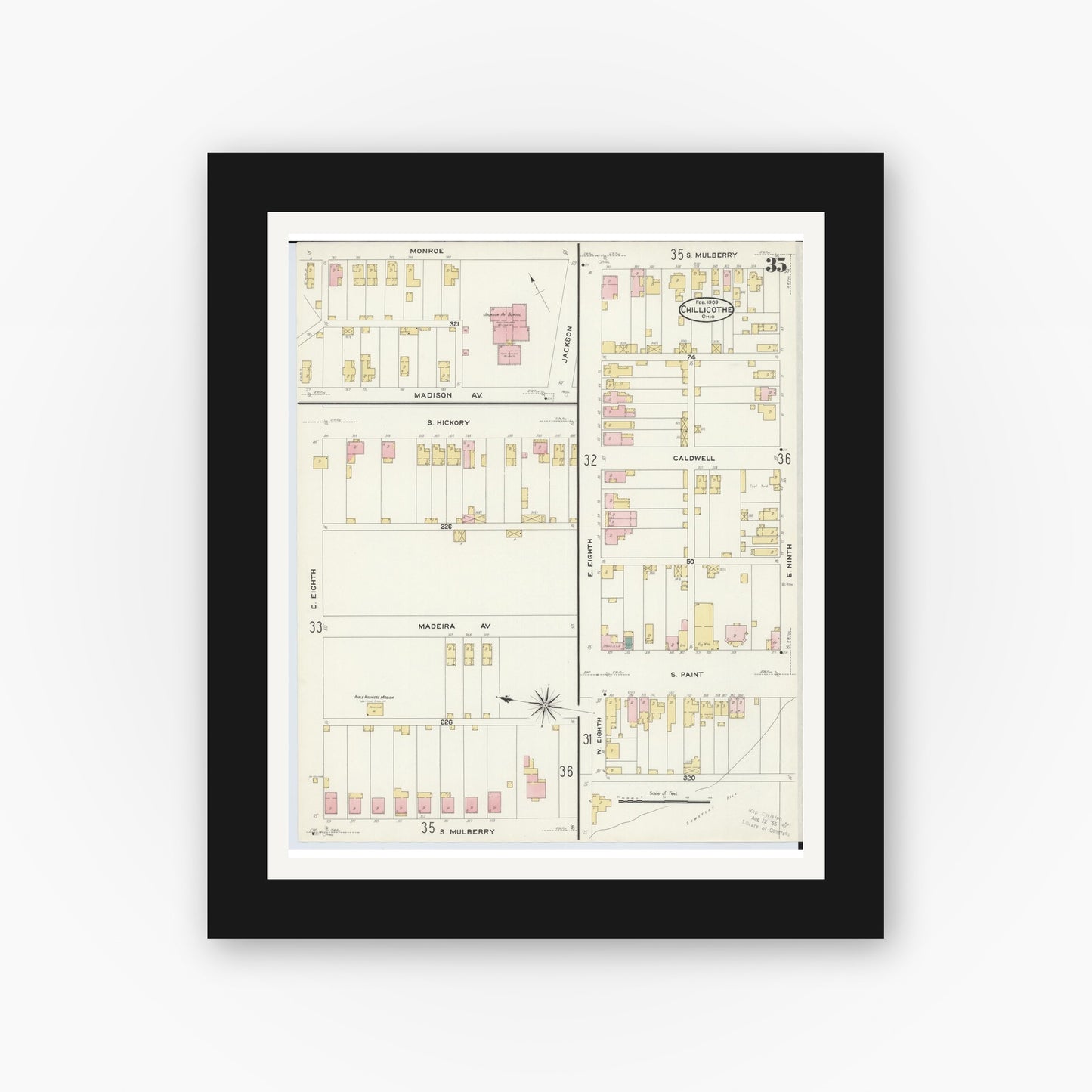 Old map wall art mockup — black gallery frame with white mat — Sanborn Fire Insurance Map from Chillicothe, Ross County, Ohio (1909), Sheet #0035