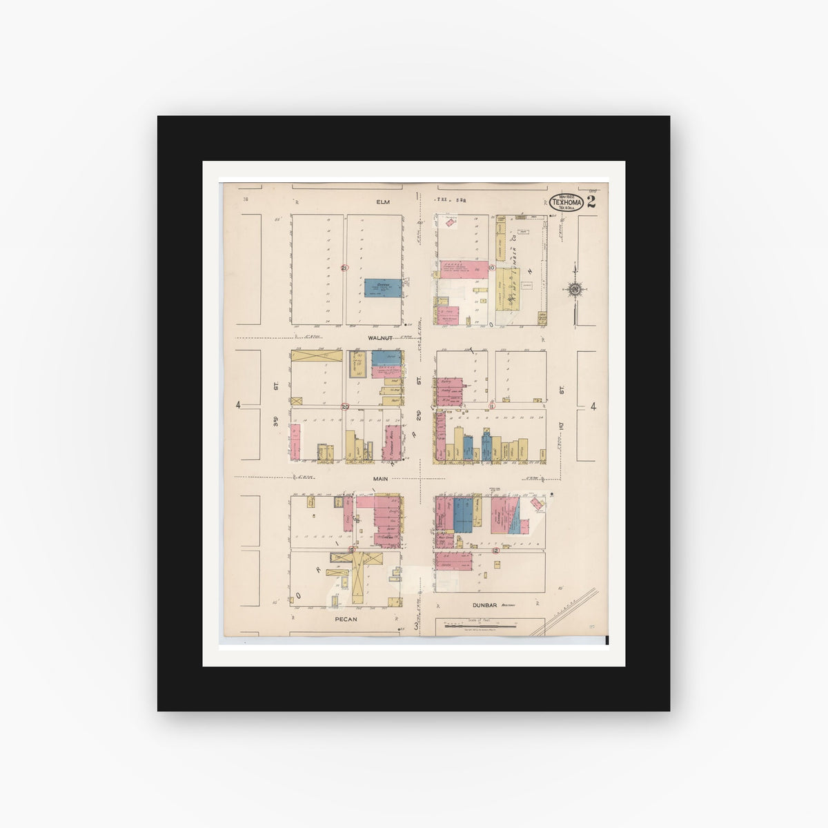 Old map wall art mockup — black gallery frame with white mat — Sanborn Fire Insurance Map from Texhoma, Texas County, Oklahoma and Sherman County, Texas, Texas (1930), Sheet #0002