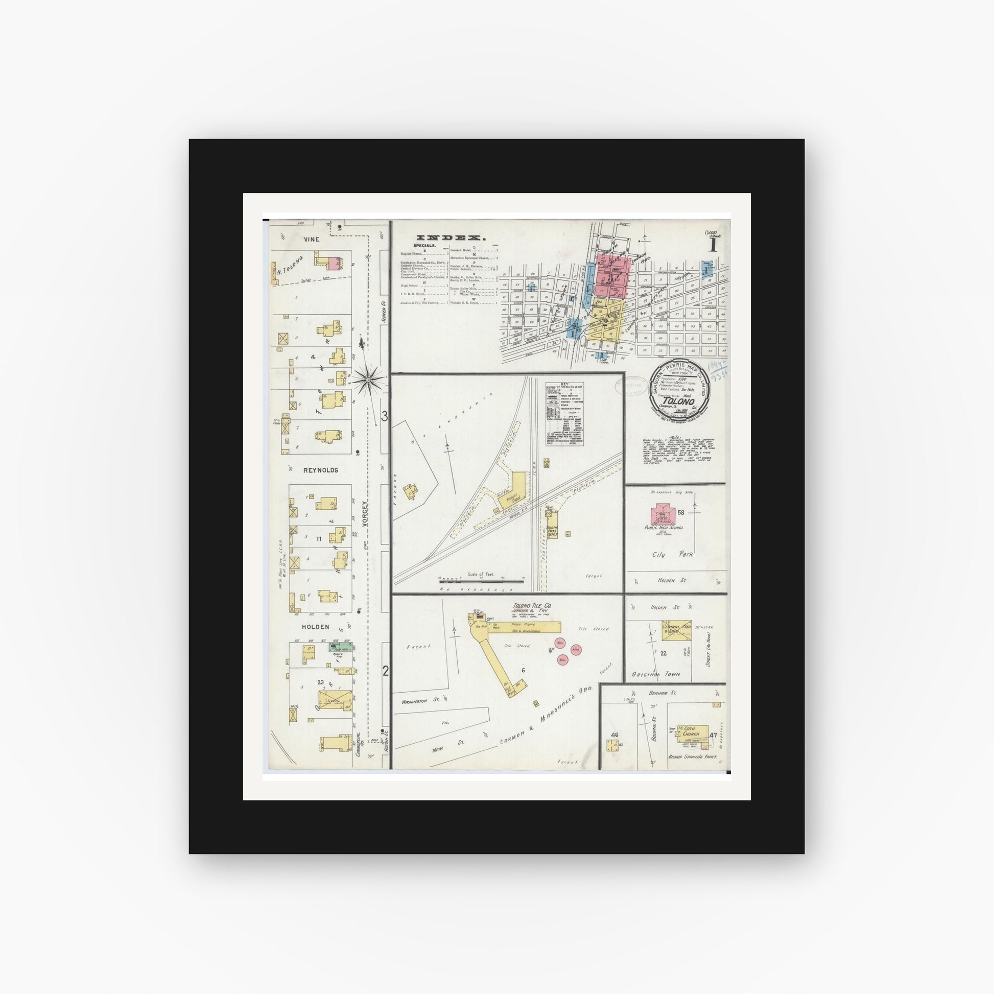 Old map wall art mockup — black gallery frame with white mat — Sanborn Fire Insurance Map from Tolono, Champaign County, Illinois (1898), Sheet #0001