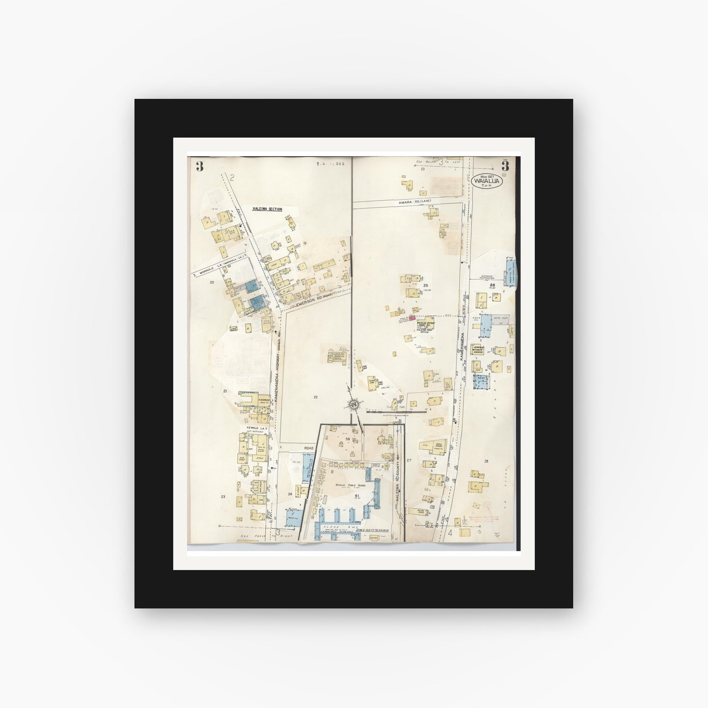 Old map wall art mockup — black gallery frame with white mat — Sanborn Fire Insurance Map from Waialua, Honolulu County, Hawaii (1957), Sheet #0003