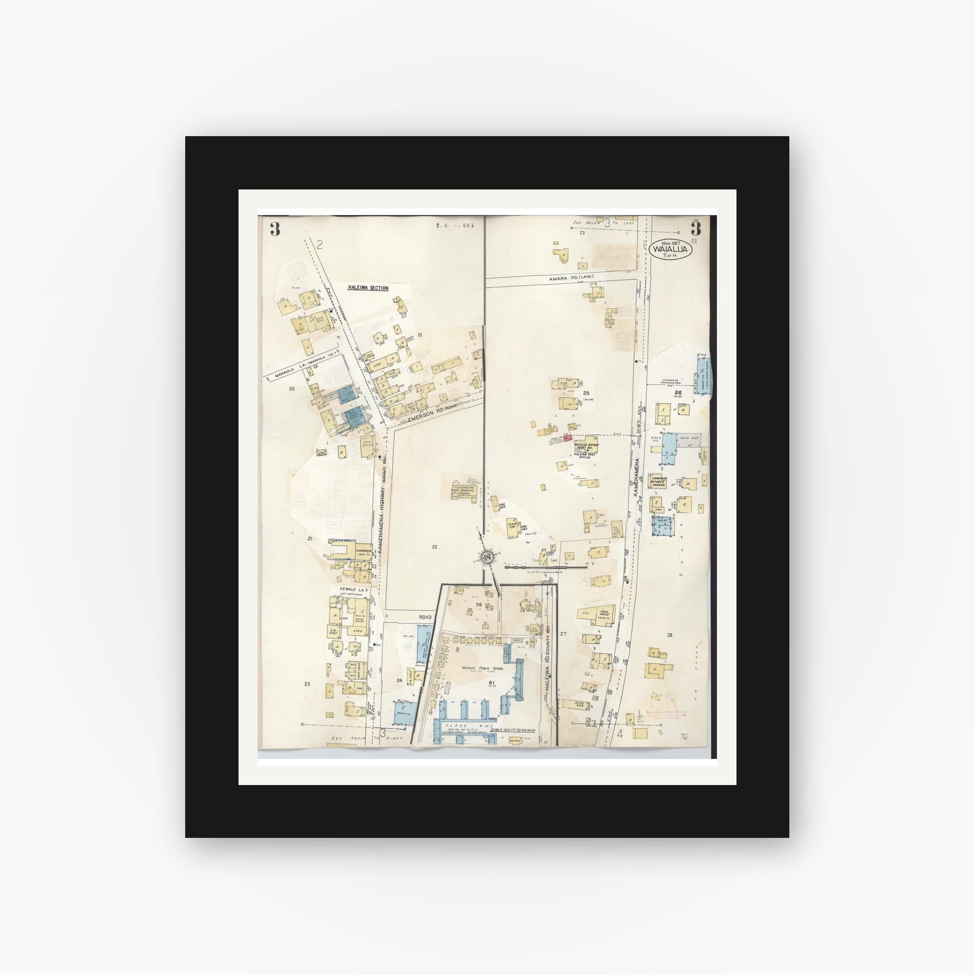 Old map wall art mockup — black gallery frame with white mat — Sanborn Fire Insurance Map from Waialua, Honolulu County, Hawaii (1957), Sheet #0003