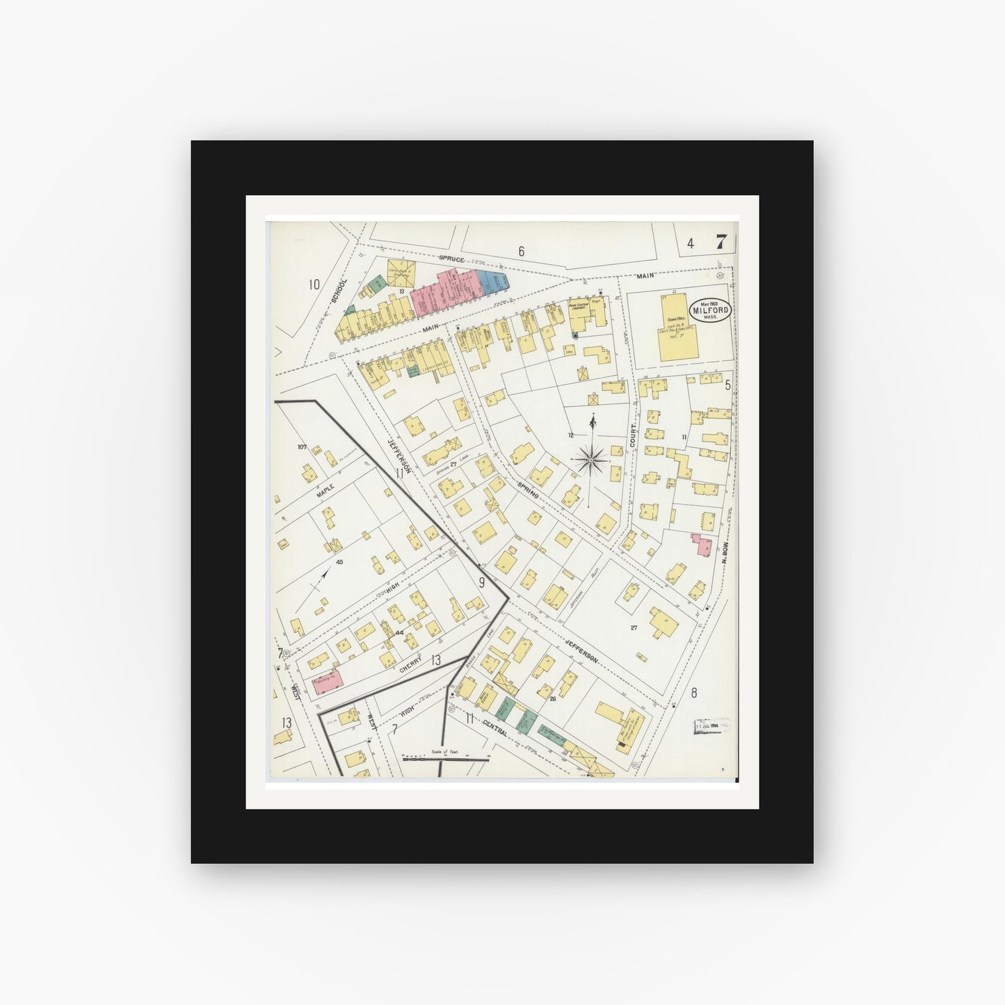 Old map wall art mockup — black gallery frame with white mat — Sanborn Fire Insurance Map from Milford, Worcester County, Massachusetts (1903), Sheet #0007