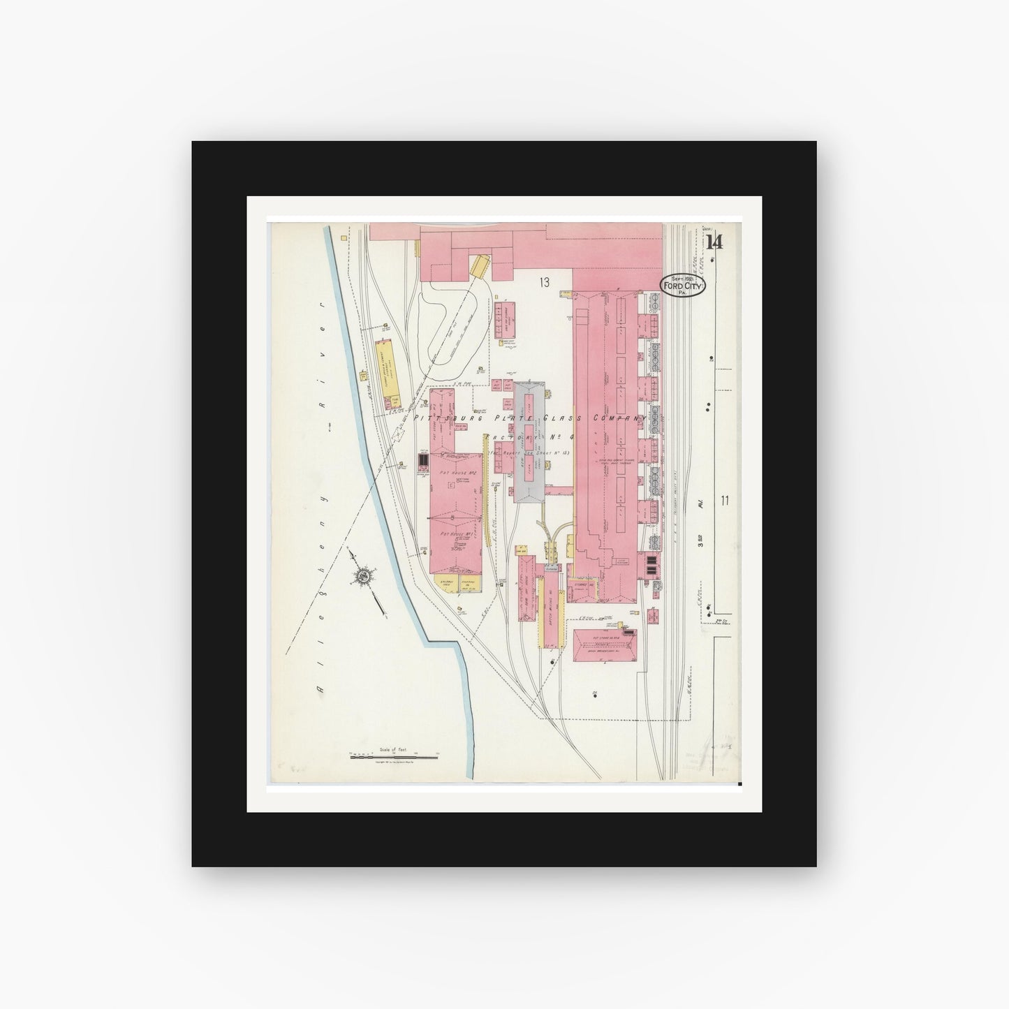 Old map wall art mockup — black gallery frame with white mat — Sanborn Fire Insurance Map from Ford City, Armstrong County, Pennsylvania (1921), Sheet #0014