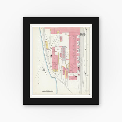 Old map wall art mockup — black gallery frame with white mat — Sanborn Fire Insurance Map from Ford City, Armstrong County, Pennsylvania (1921), Sheet #0014