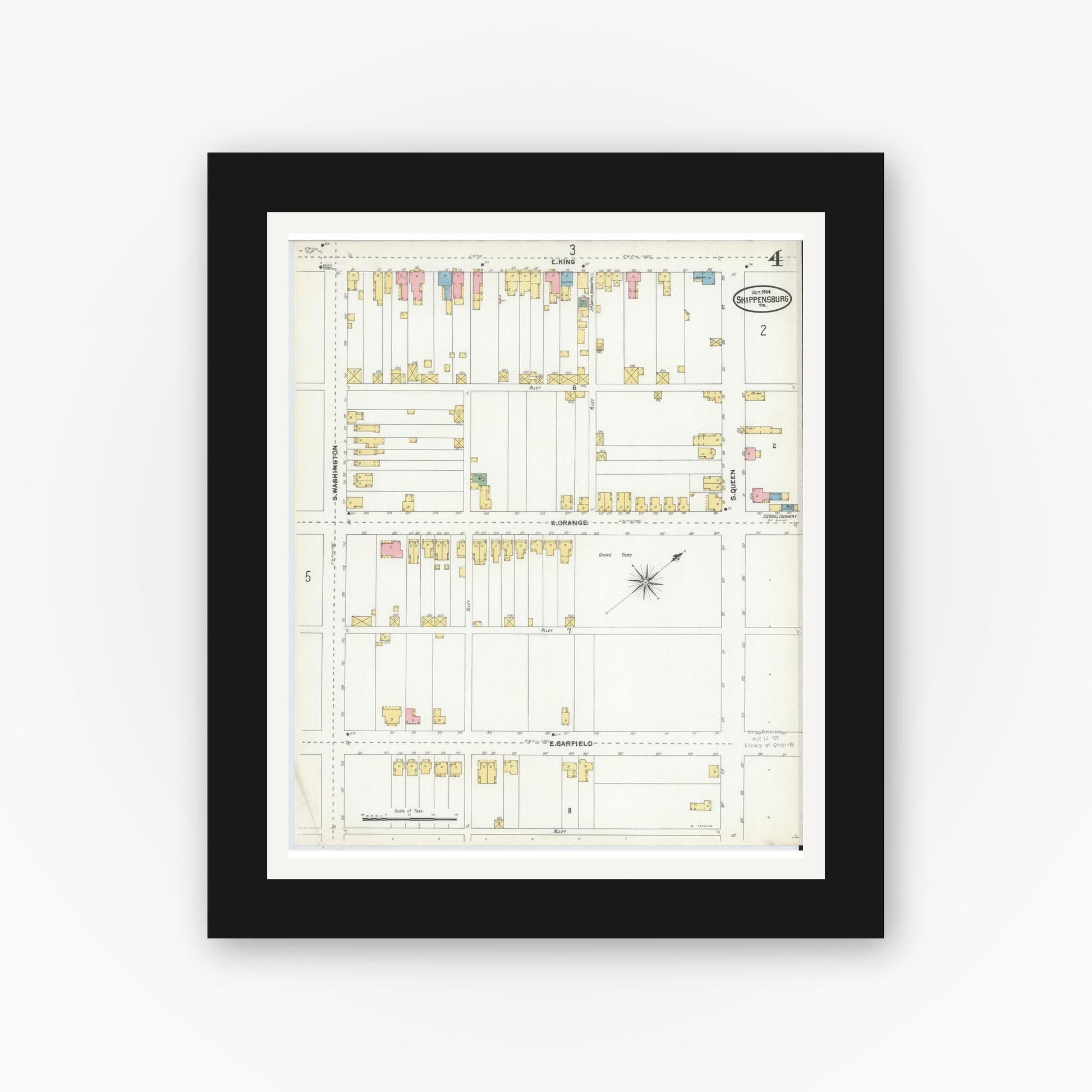Old map wall art mockup — black gallery frame with white mat — Sanborn Fire Insurance Map from Shippensburg, Cumberland And Franklin Counties, Pennsylvania (1904), Sheet #0004