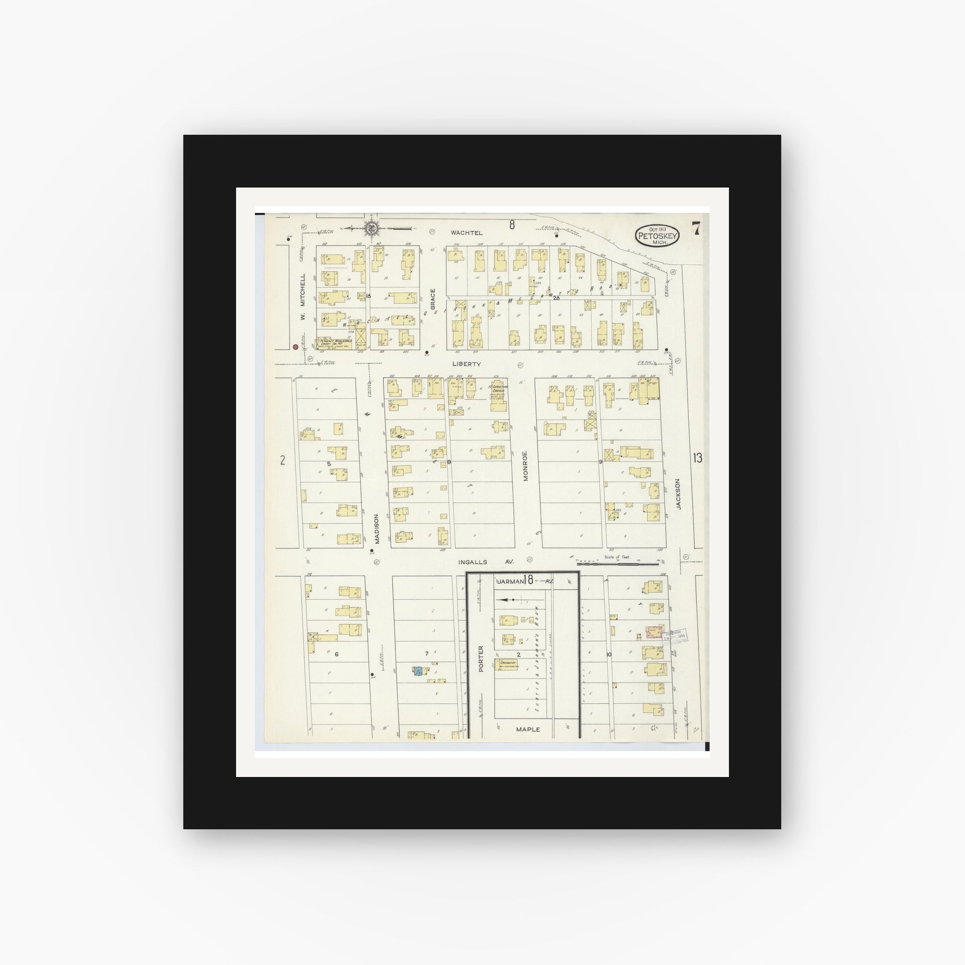 Old map wall art mockup — black gallery frame with white mat — Sanborn Fire Insurance Map from Petoskey, Emmet County, Michigan (1913), Sheet #0007