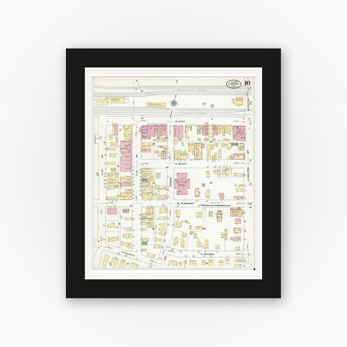 Old map wall art mockup — black gallery frame with white mat — Sanborn Fire Insurance Map from Corry, Erie County, Pennsylvania (1909), Sheet #0010