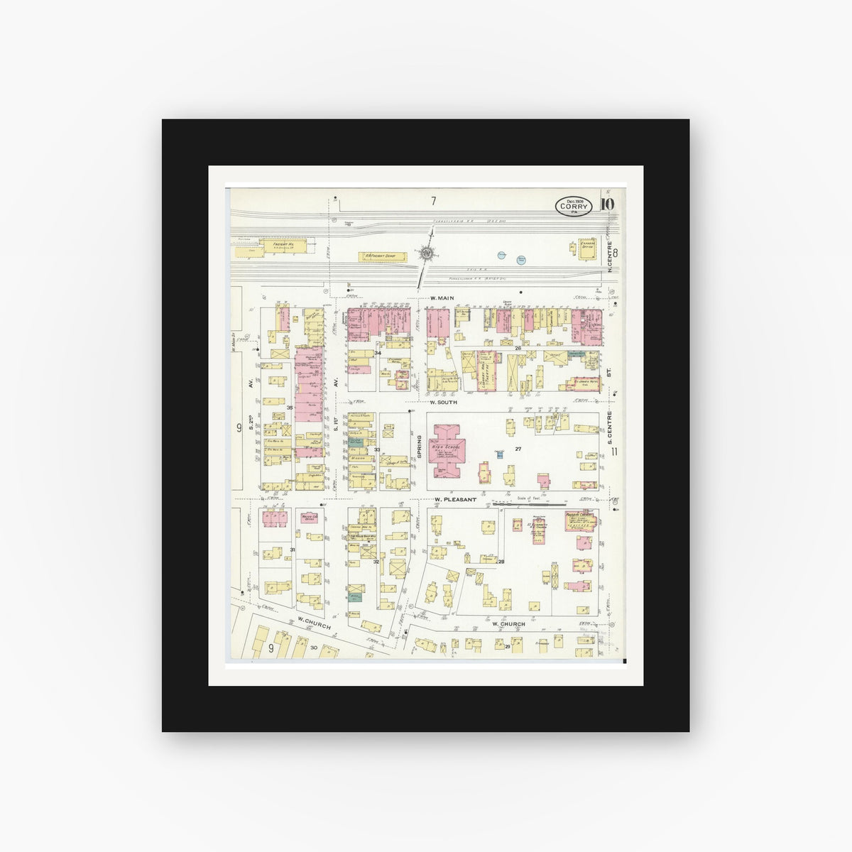 Old map wall art mockup — black gallery frame with white mat — Sanborn Fire Insurance Map from Corry, Erie County, Pennsylvania (1909), Sheet #0010