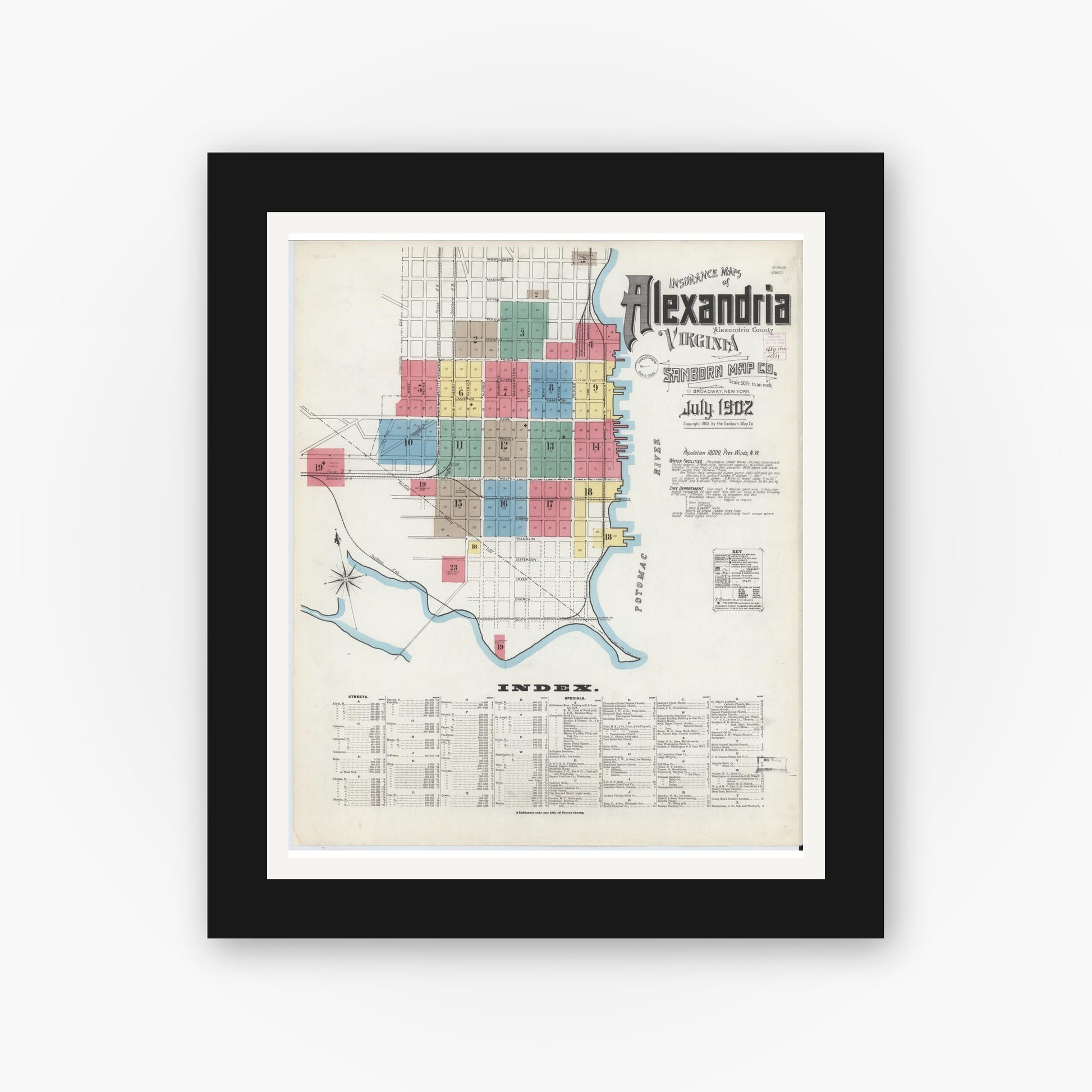Old map wall art mockup — black gallery frame with white mat — Sanborn Fire Insurance Map from Alexandria, Independent Cities, Virginia (1902) - Complete Map Set