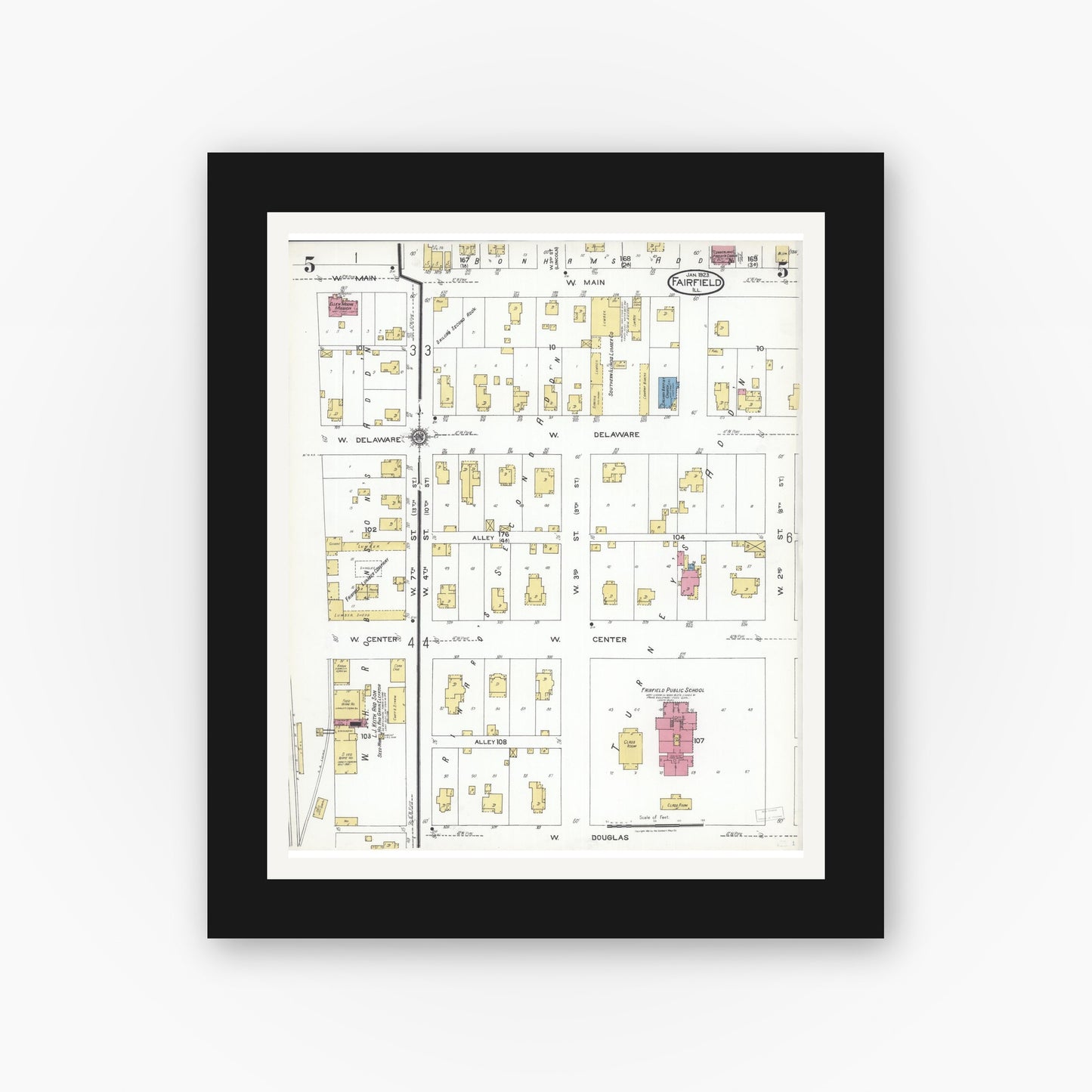 Old map wall art mockup — black gallery frame with white mat — Sanborn Fire Insurance Map from Fairfield, Wayne County, Illinois (1923), Sheet #0005