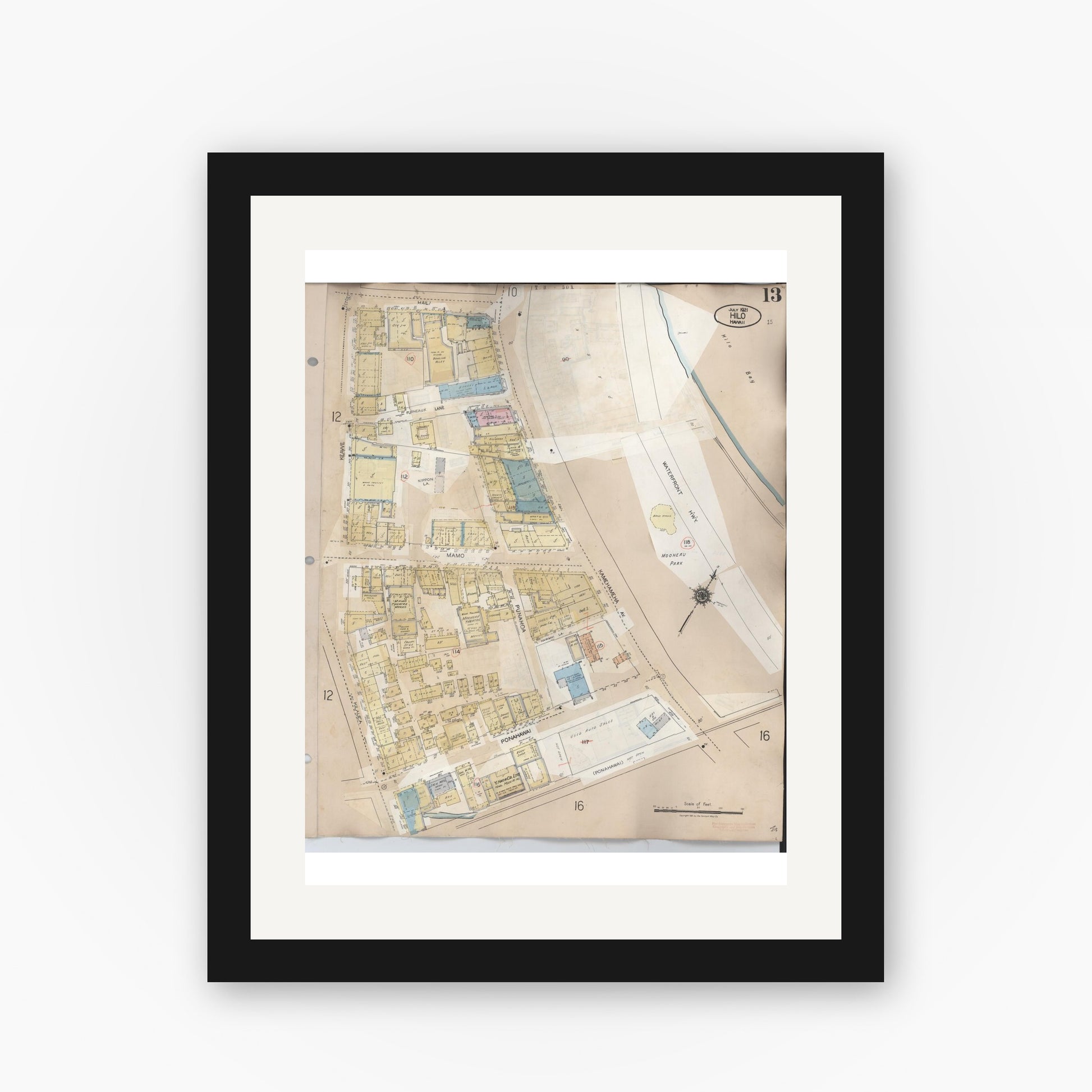 Old map wall art mockup — black gallery frame with white mat — Sanborn Fire Insurance Map from Hilo, Hawaii County, Hawaii (1957), Sheet #0013