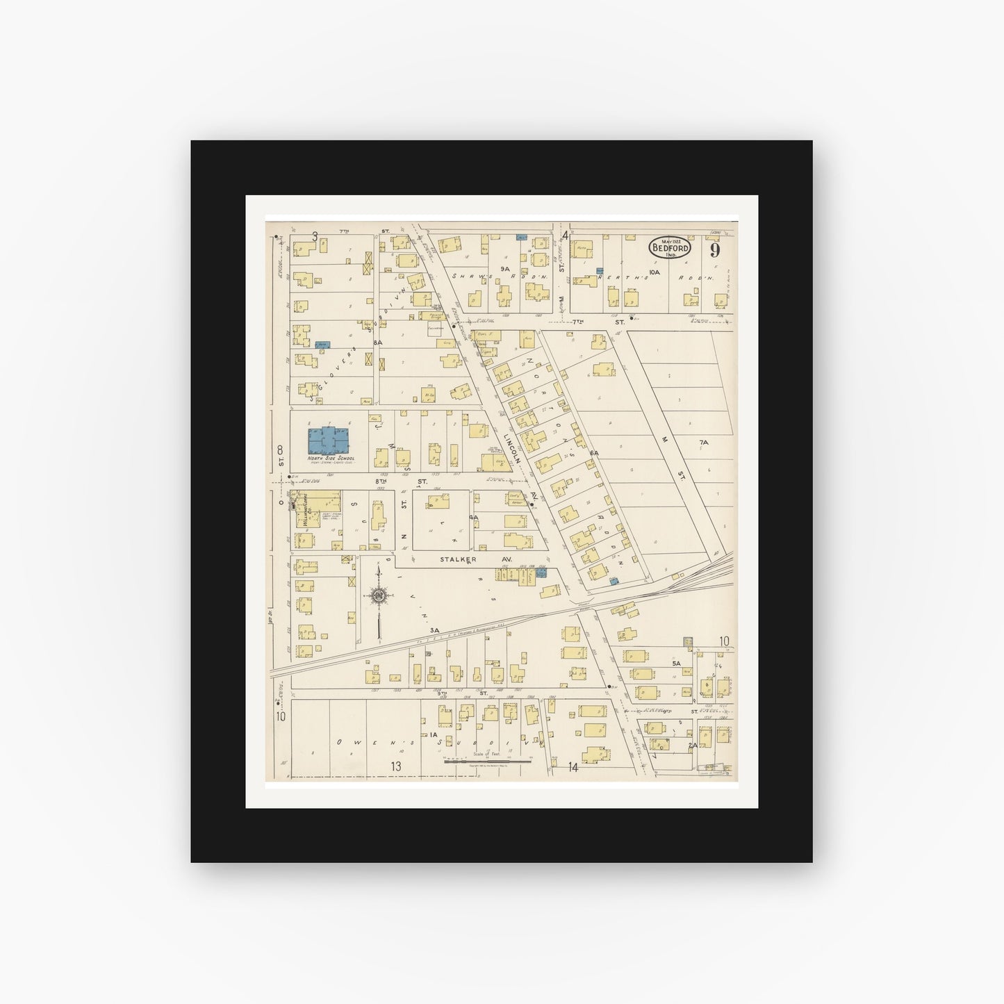 Old map wall art mockup — black gallery frame with white mat — Sanborn Fire Insurance Map from Bedford, Lawrence County, Indiana (1922), Sheet #0009