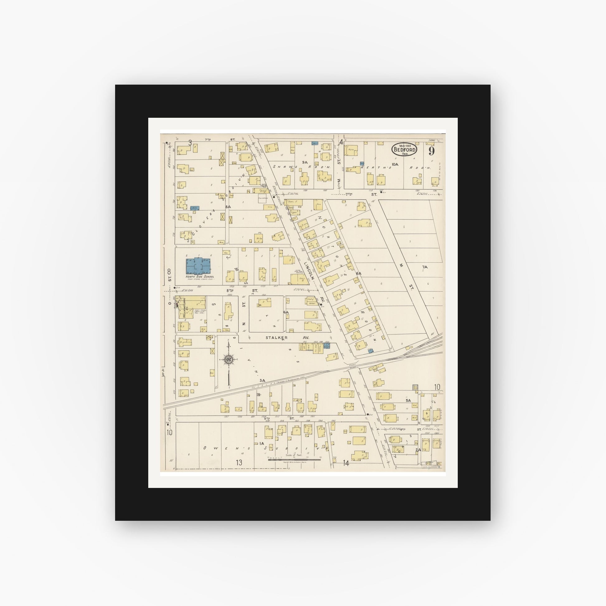 Old map wall art mockup — black gallery frame with white mat — Sanborn Fire Insurance Map from Bedford, Lawrence County, Indiana (1922), Sheet #0009
